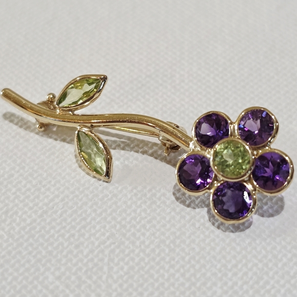 Vintage 14k Yellow Gold Purple Green Gemstones Flower Beautiful Pin Brooch 1.7 g - Picture 7 of 16